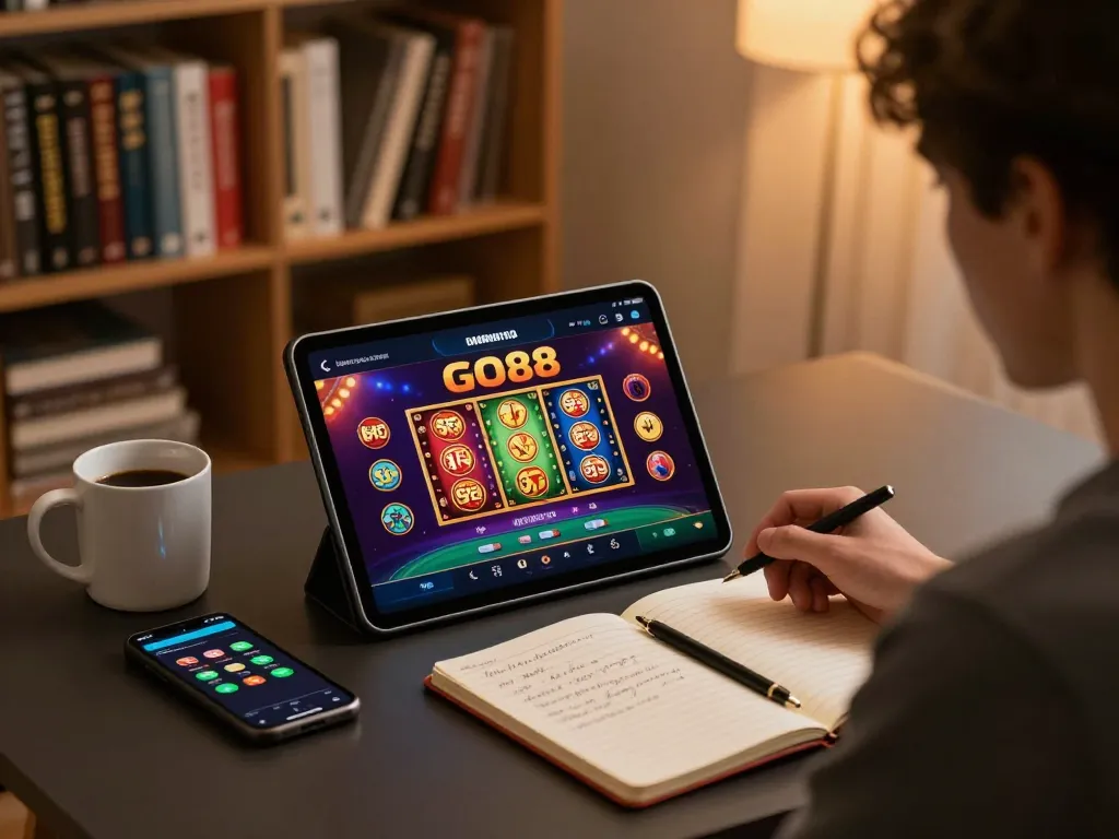 Engaging in online casino gaming with GO88 app on tablet at home, showcasing a cozy gaming environment.