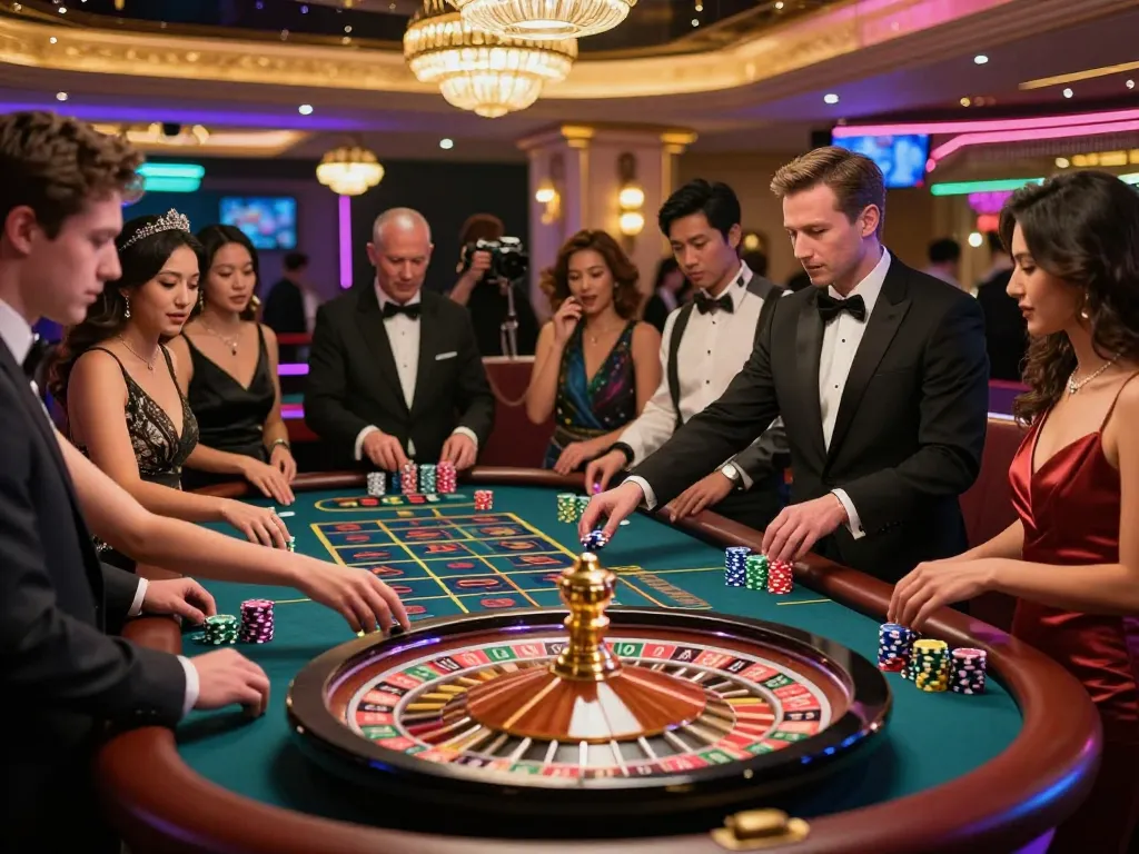 TOPBET players placing bets at roulette table in elegant casino atmosphere