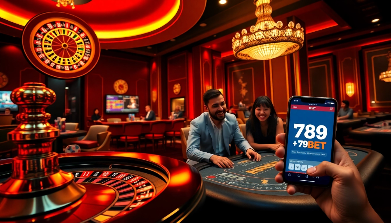 The vibrant casino scene showcasing players engaged in gambling at 789BET with roulette and blackjack tables.