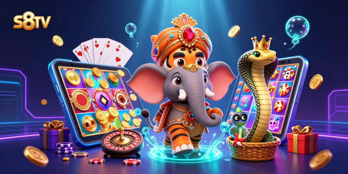 Experience epic gaming with S8TV as the maharaja tiger rides an elephant amidst vibrant slot games.