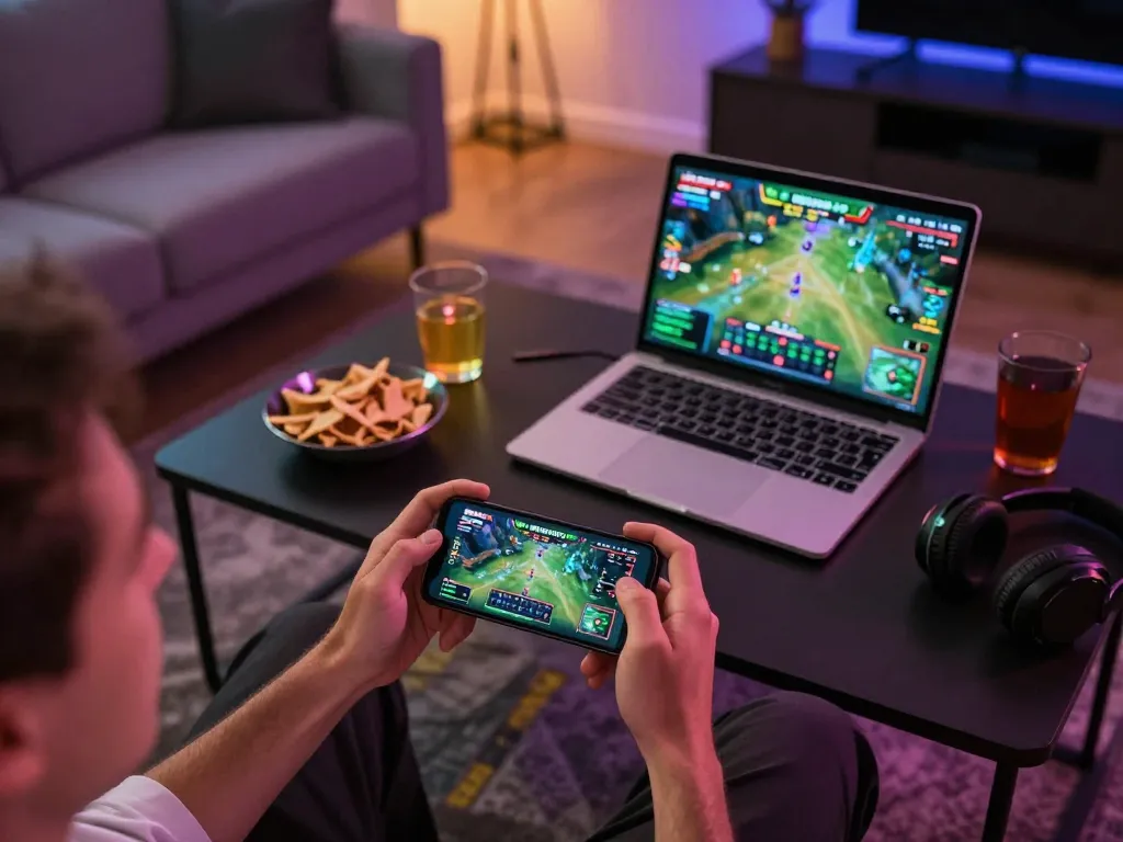 Player enjoying BK33 sports betting app on smartphone in a cozy living room