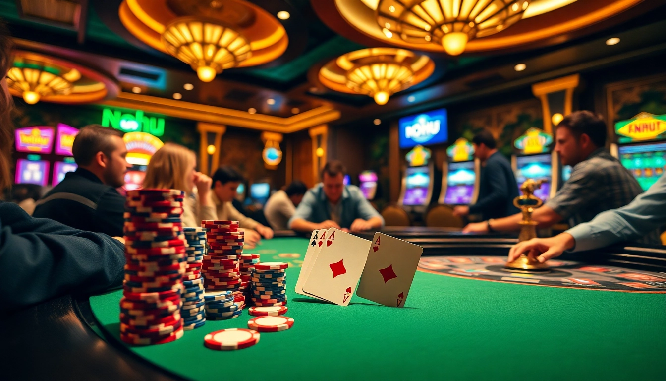 Casino scene with dynamic poker action featuring nohu-themed decor and thrilling gameplay.