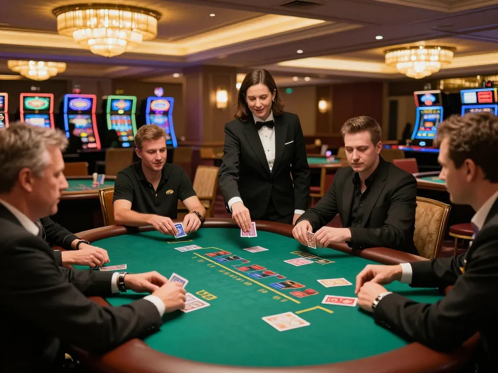 Players enjoying blackjack at the S8 casino with professional dealers, showcasing exciting gameplay.