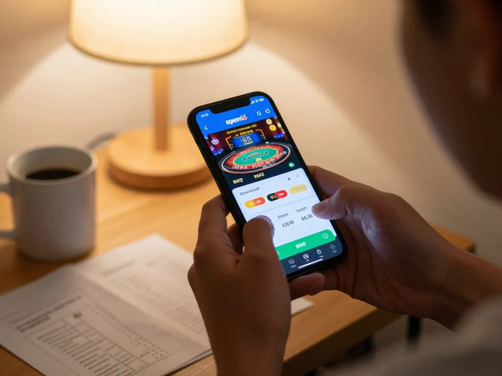 Engaged player exploring sgwin66 app on smartphone for online betting strategies.