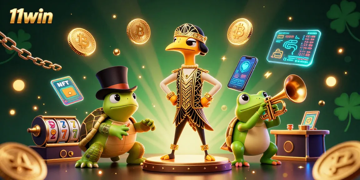 Experience vibrant casino fun with 11win's energetic scene featuring classic characters and crypto elements.