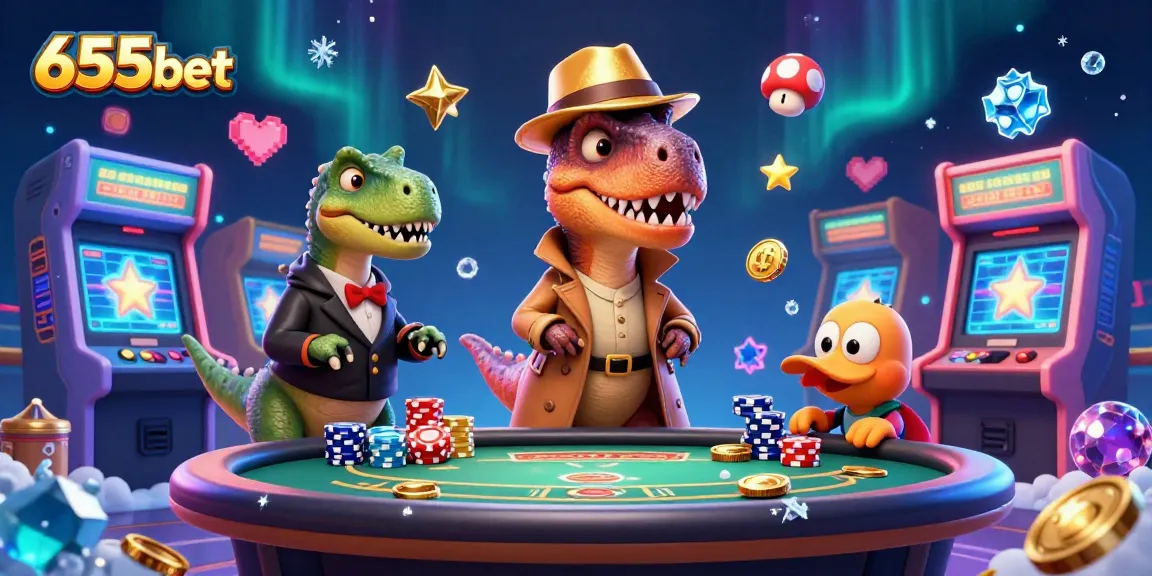 Engage in thrilling gaming at 655bet with a velociraptor card counter, jackpot symbols, and a vibrant casino atmosphere.