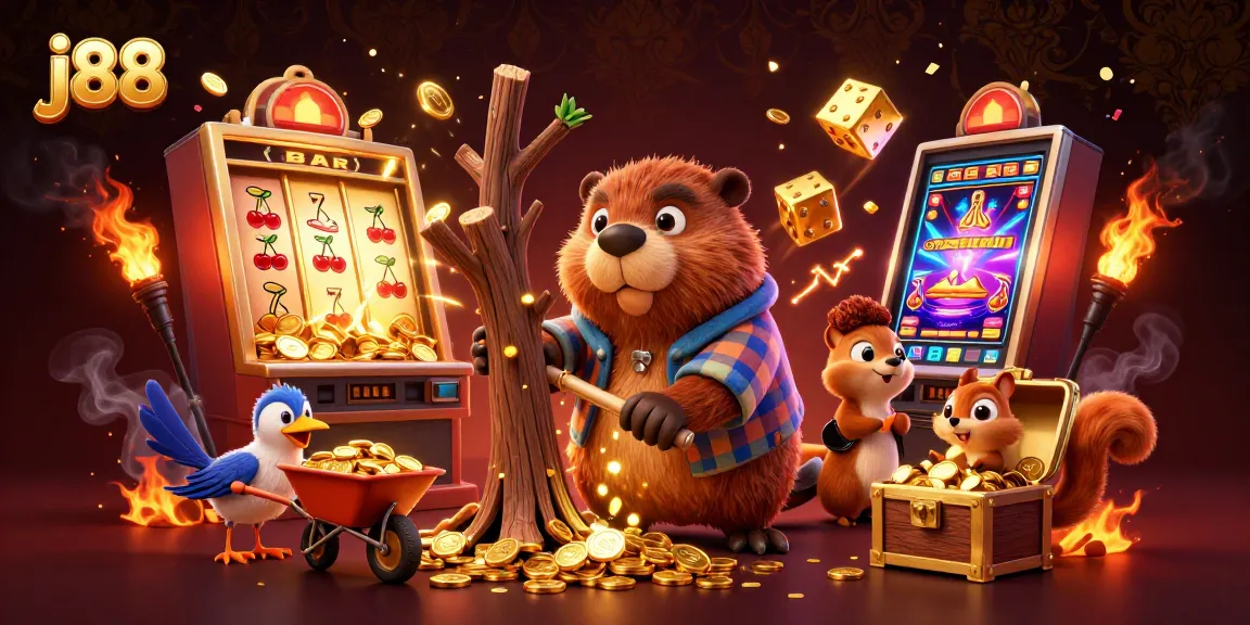 Experience big wins at j88 with a vibrant illustration of a casino scene featuring a beaver, coins, and slot machine.