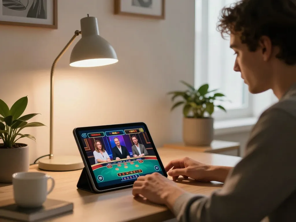 Engaging live dealer game on 78win showcased on a tablet in a cozy home environment