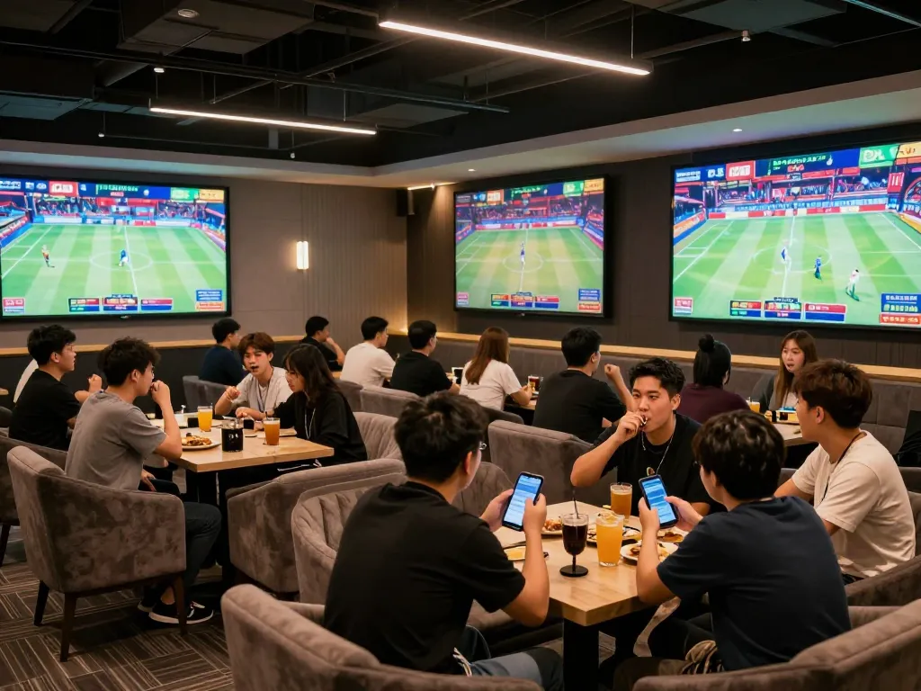 Fly88 patrons celebrating wins in a lively sports betting lounge during a match