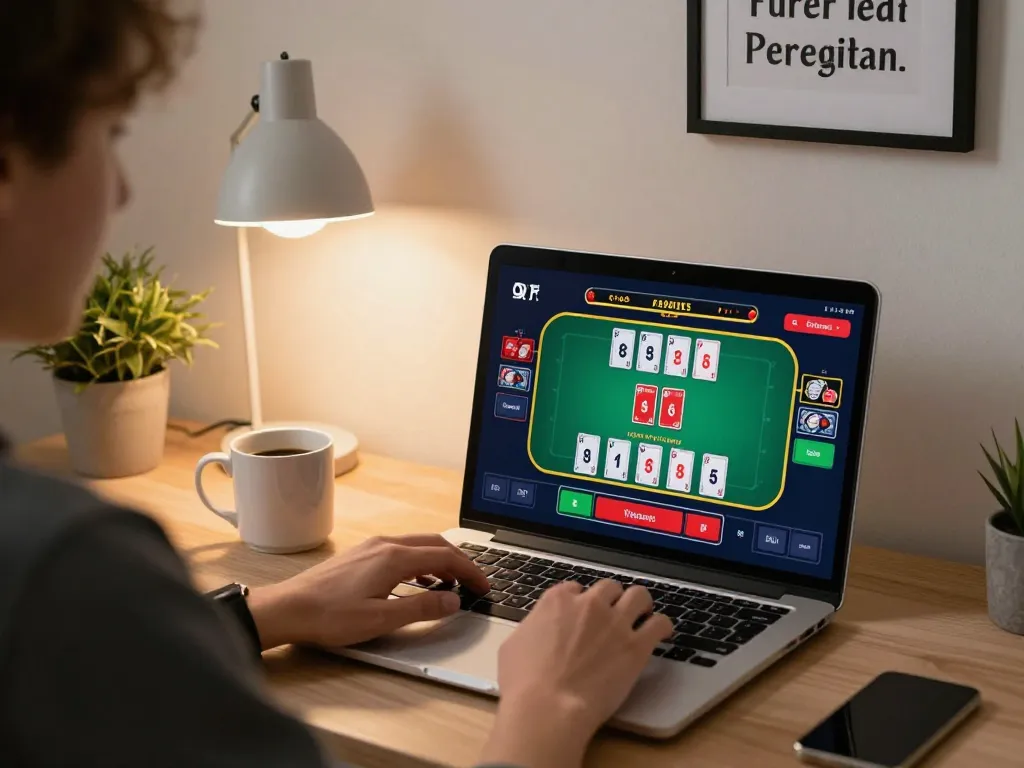Engaged player enjoying blackjack at home on KJC online gaming platform, showcasing strategic decision-making and comfortable setup