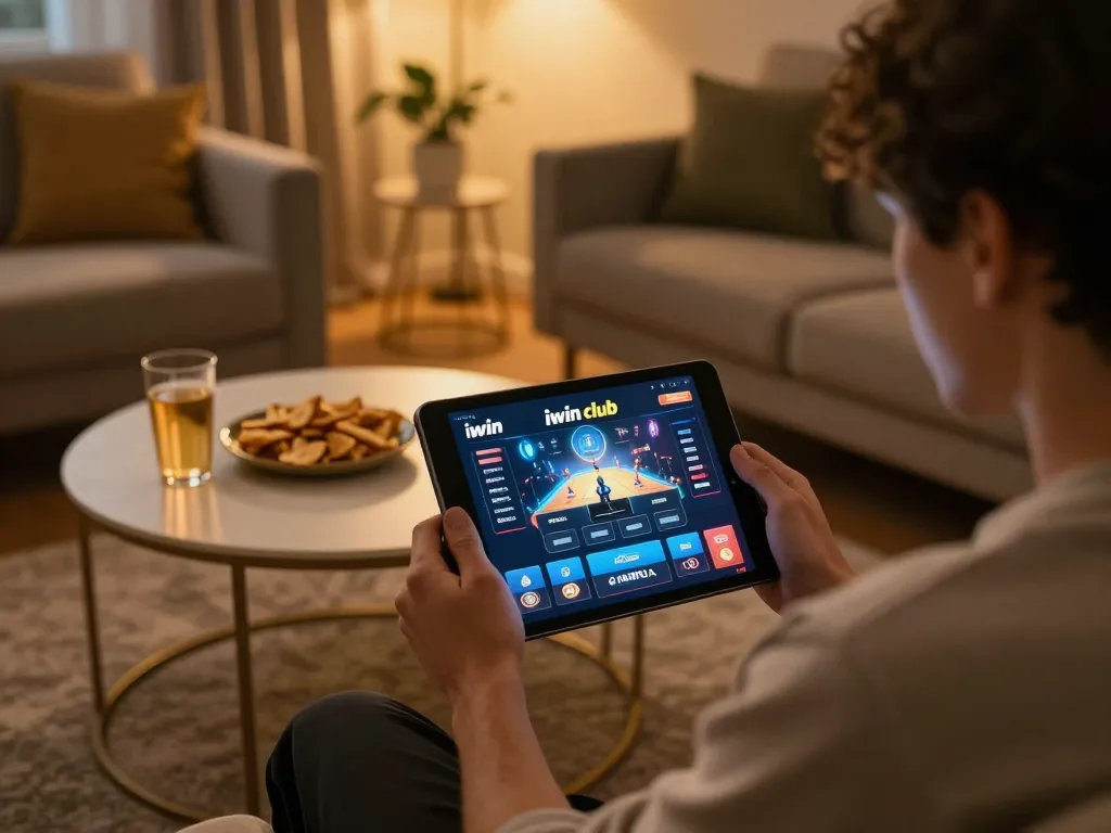 Engaging online gaming scene with iwin club displayed on tablet, showcasing responsible entertainment