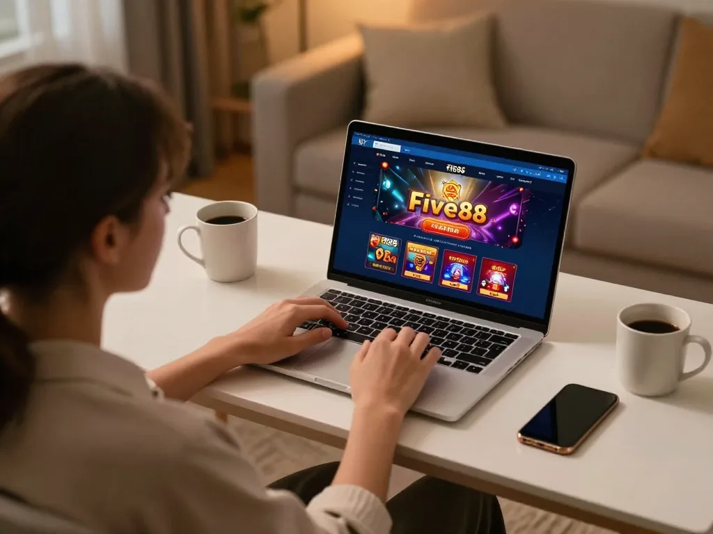 Engaging with the five88 casino app on a stylish desk, showcasing the online gaming experience.