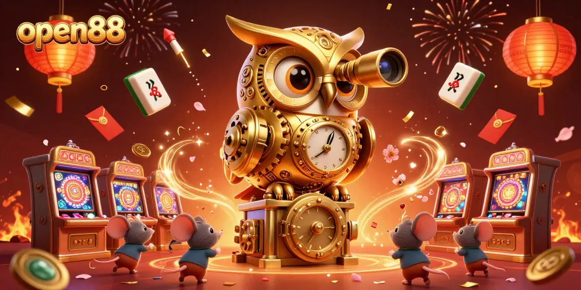 Experience the thrill of open88 with an energetic casino scene featuring a golden owl and lucky charms.