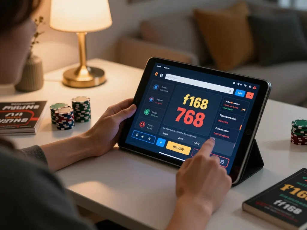 Player engaging with f168 online casino app on tablet, focused on gambling strategy in a cozy home setup.