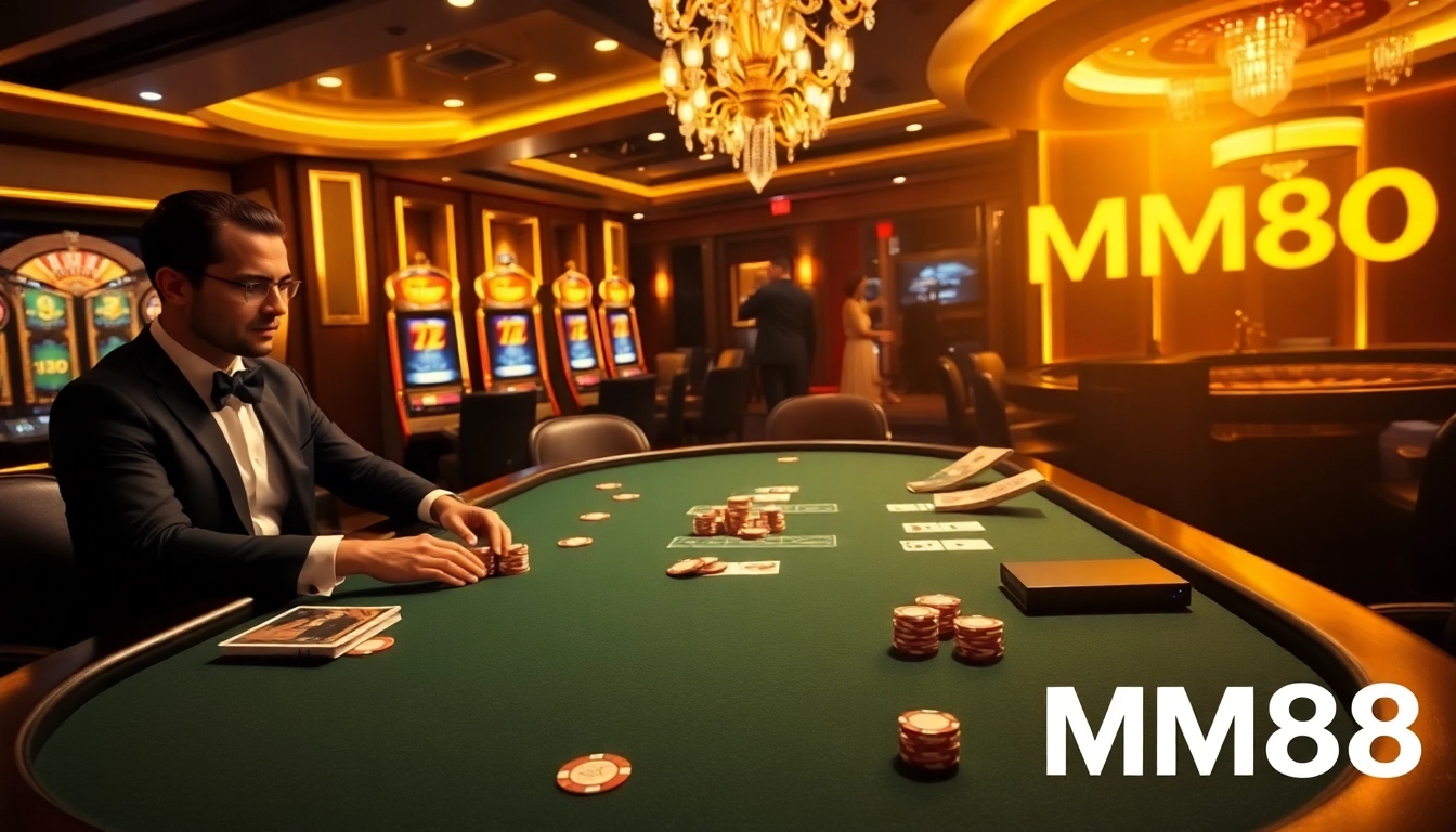 MM88 players enjoying a high-stakes poker game with colorful chips, cards, and slot machines.