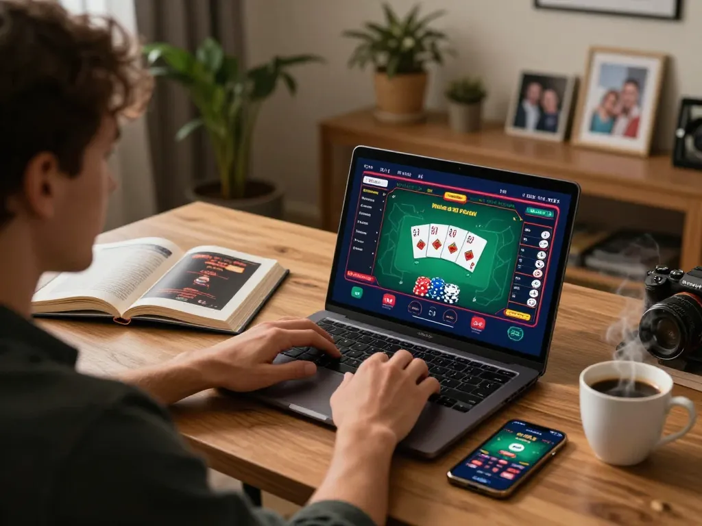 Person enjoying an online casino experience with lucky88mobi on a laptop, engaging with poker gameplay.