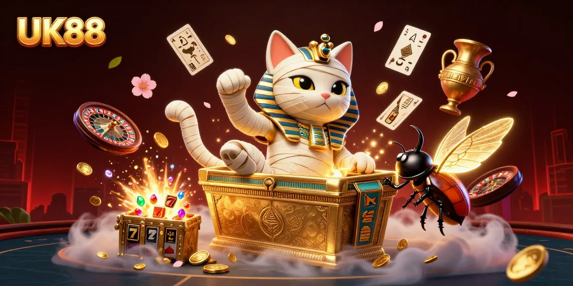 Engage with UK88's vibrant casino scene featuring a mummy cat and glowing scarab in action