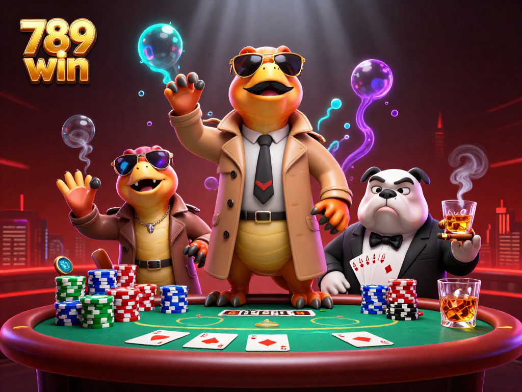 Join the fun at 789 win as raptors blend in at the casino VIP lounge, showcasing poker thrill.