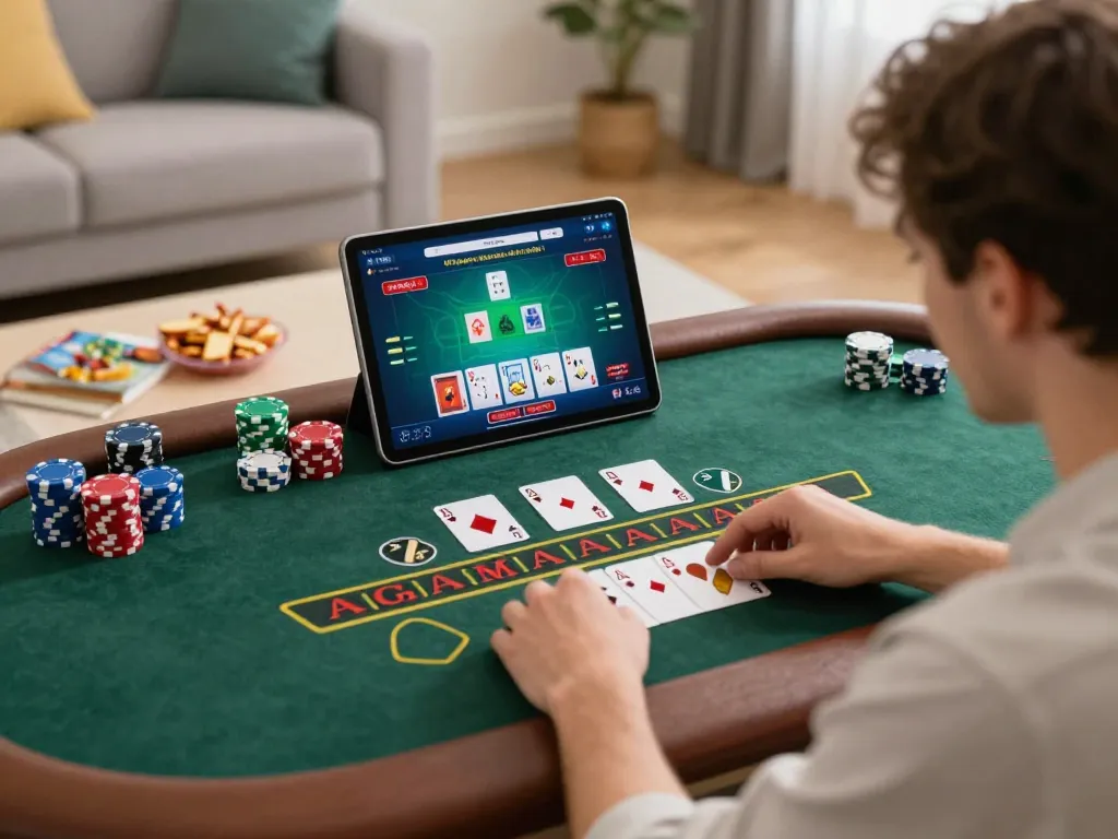 Player enjoying live dealer blackjack on tablet, engaging with 88xeng in a cozy home setting.