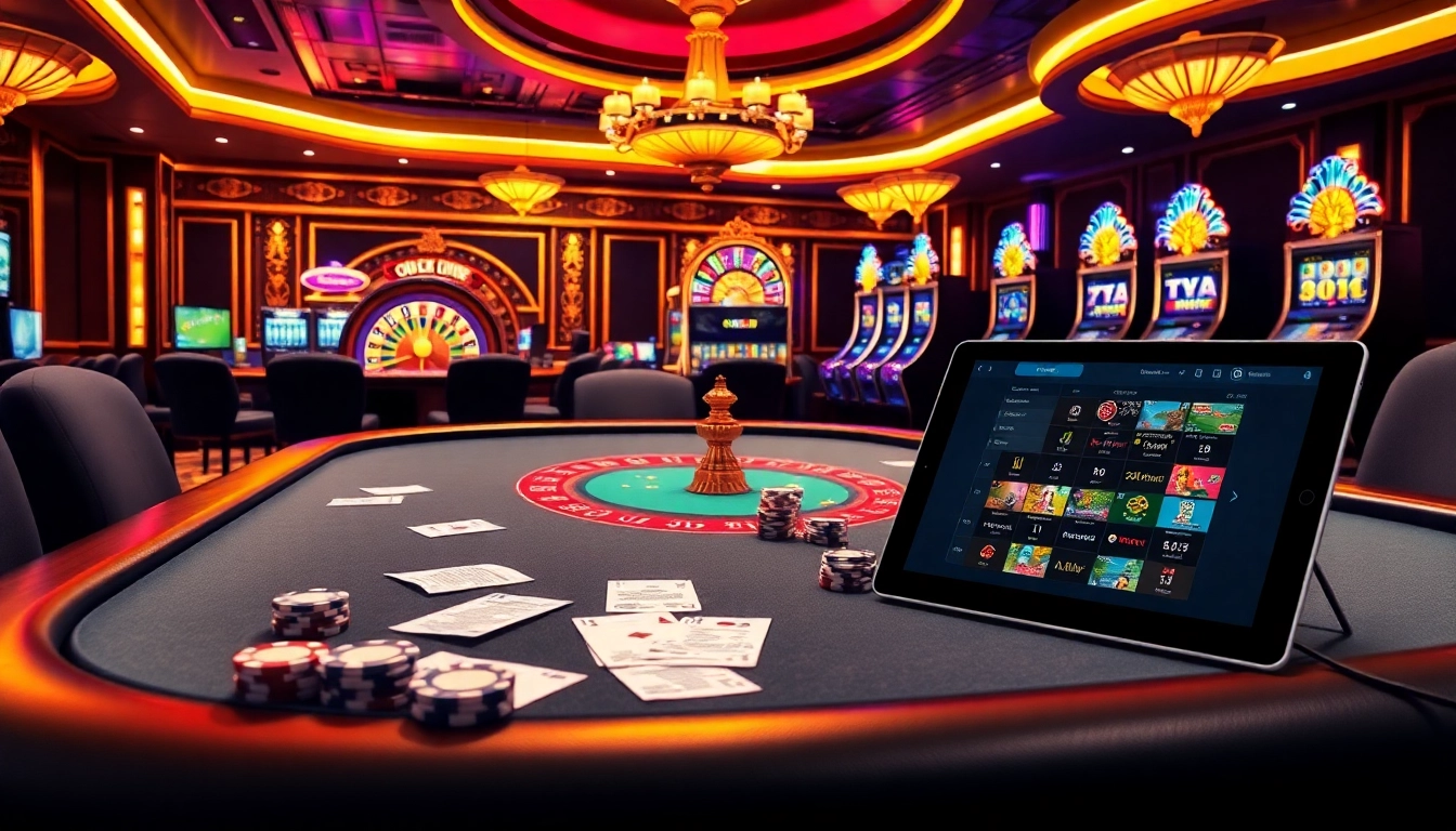 Experience a thrilling game night at Okfun's exciting casino, showcasing vibrant poker action and elegant slot machines.