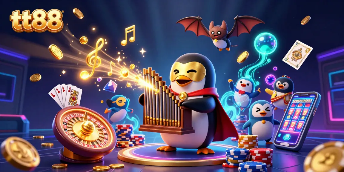 Experience the excitement of tt88 with a vibrant casino scene featuring gold coins, roulette, and poker elements.