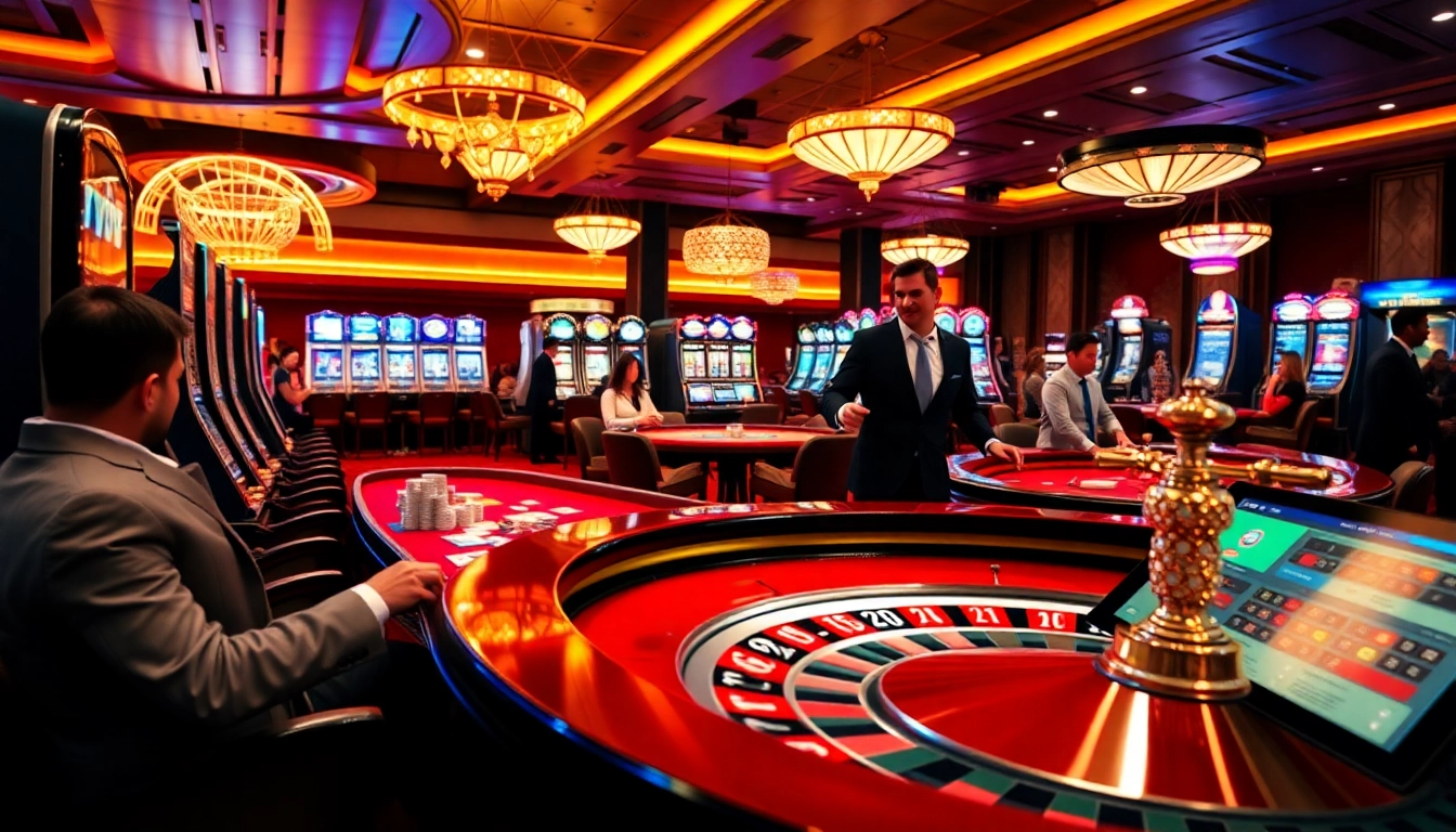 Casino scene showcasing excitement at nhà cái nohu90 with players at slot machines and poker tables.
