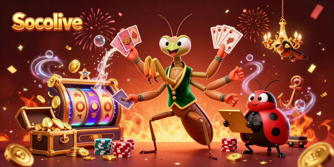 Socolive offers an engaging online gambling experience with colorful slot reels and energetic characters