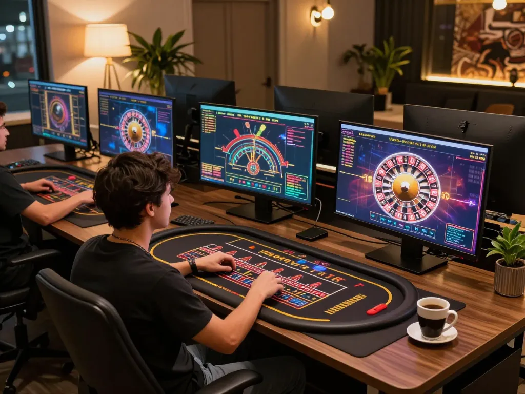 Player enjoying o8 online roulette game on multiple screens in a vibrant home setup