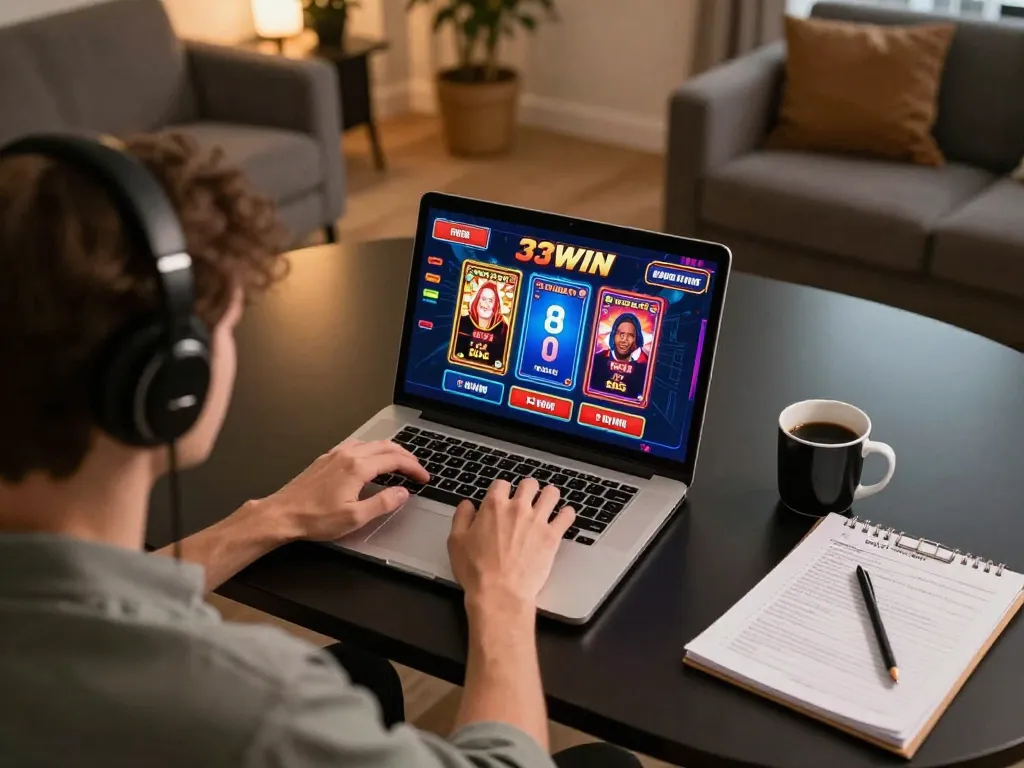 Player actively engaging with 33WIN online casino on a laptop, showcasing strategy notes for responsible gaming.