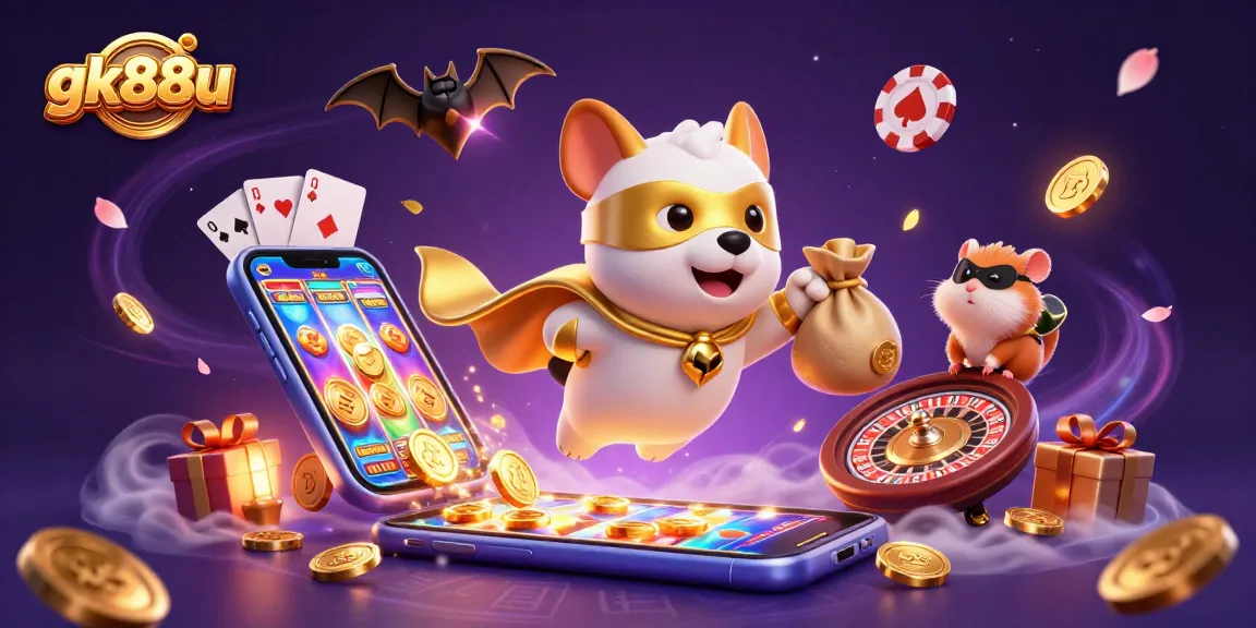 gk88u showcases an adventurous superhero dog and sidekick in a dynamic casino scene.
