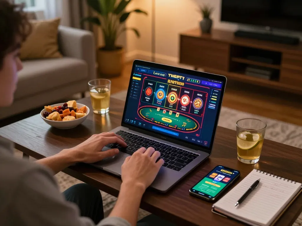 Engaging online gaming session with vk88 on laptop, showcasing poker and slots interface in cozy home setting