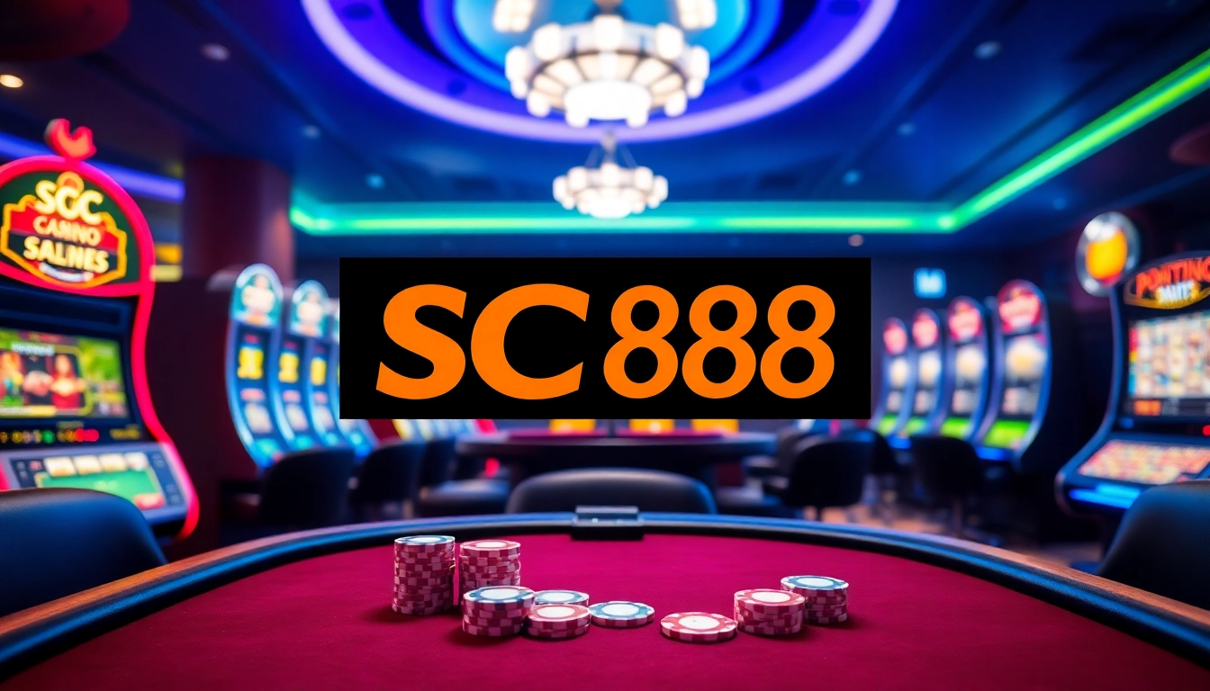 Players enjoying a thrilling game at SC88 online casino with vibrant slot machines and poker tables.