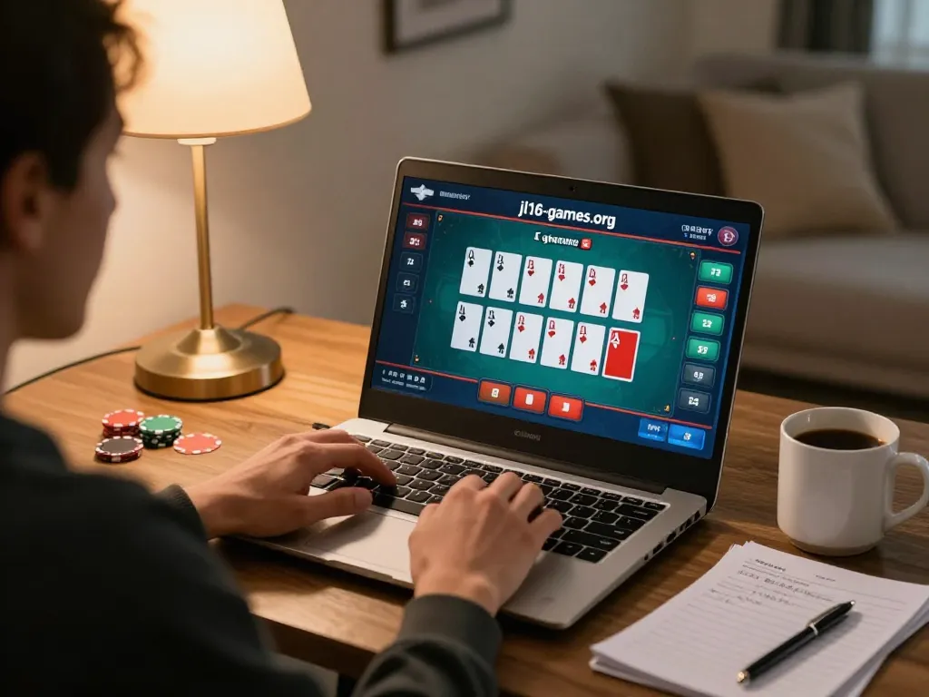 Person playing poker on https://jl16-games.org/ with laptop and strategy notes in cozy home environment.
