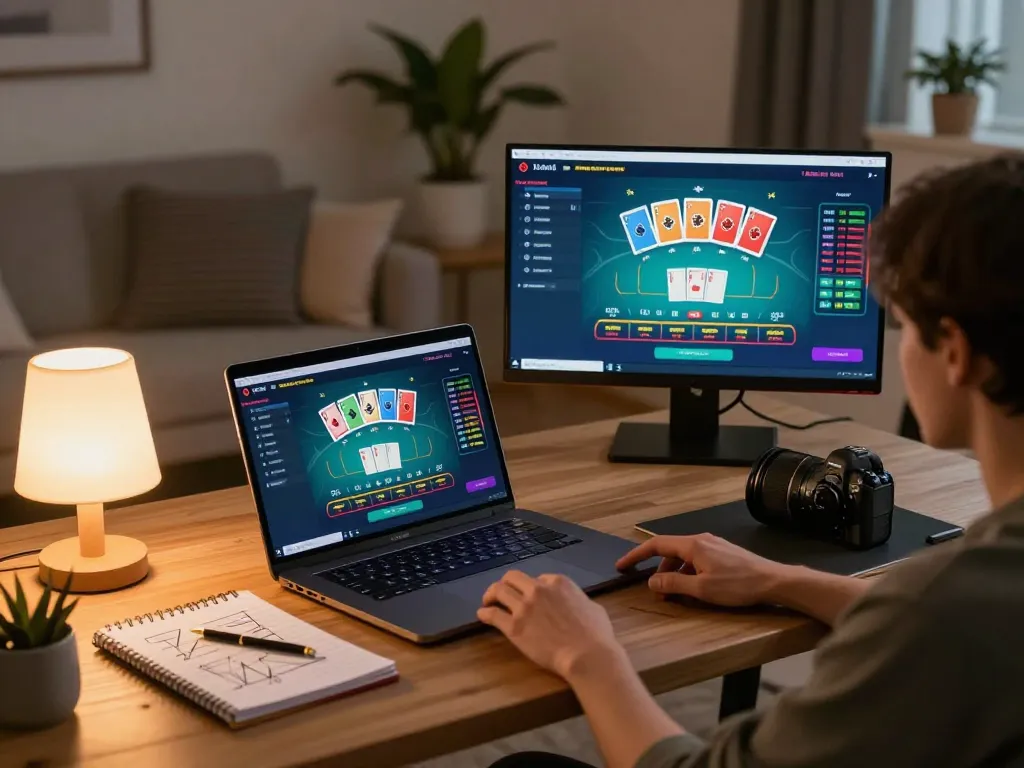 A player engages in a strategic online blackjack game on vu88a from a cozy home office