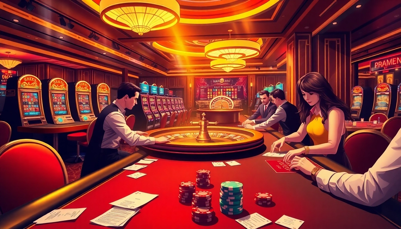 Players enjoy exciting games at poker tables in a luxury casino at https://www.vaoluoitv.com/ with vibrant roulette wheels.