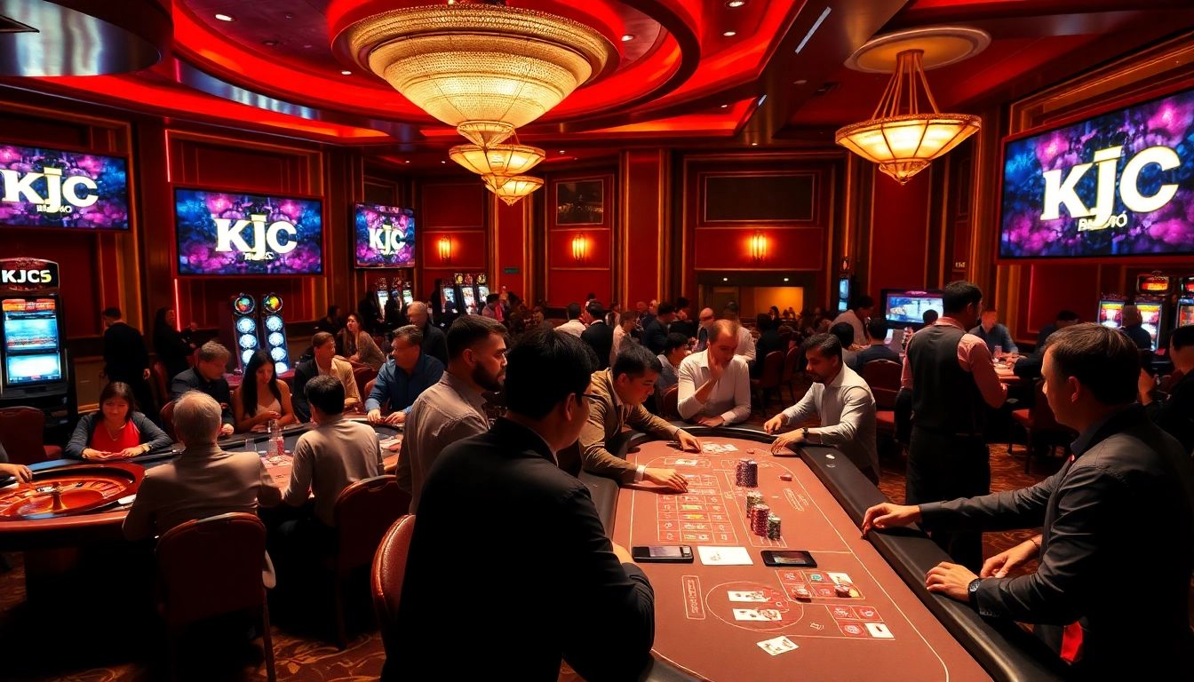 Gamblers enjoying a thrilling KJC casino experience at vibrant tables filled with chips.