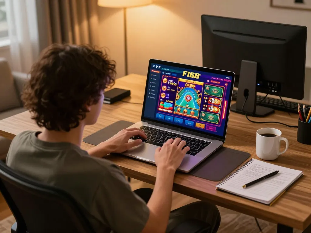 Player engaging with F168 online casino gaming app on laptop, featuring strategy notes and warm home lighting