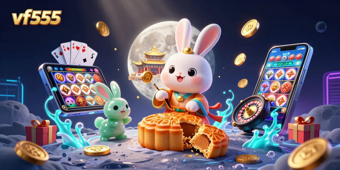 Experience the thrill of vf555 slots as the moon rabbit reveals hidden poker chips, surrounded by dynamic casino elements.