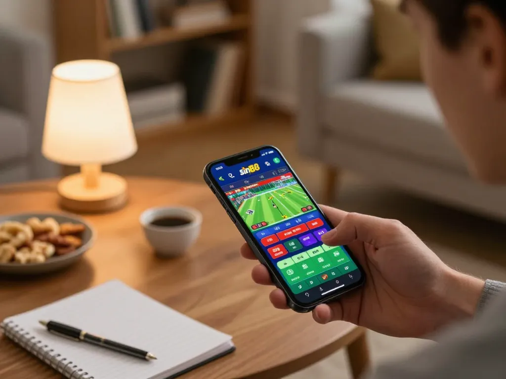 Player using the sin88 app for strategic sports betting in a cozy home environment.