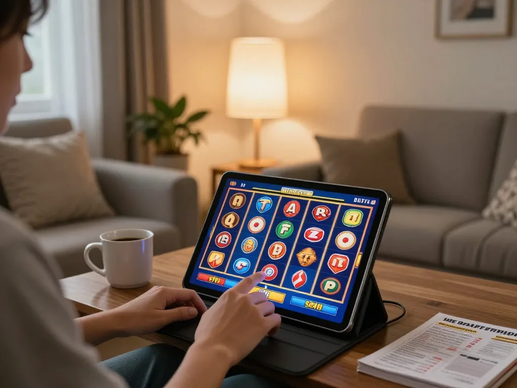 Engaging scene of online gaming at home with eq9 slots on tablet, showcasing an interactive gaming moment