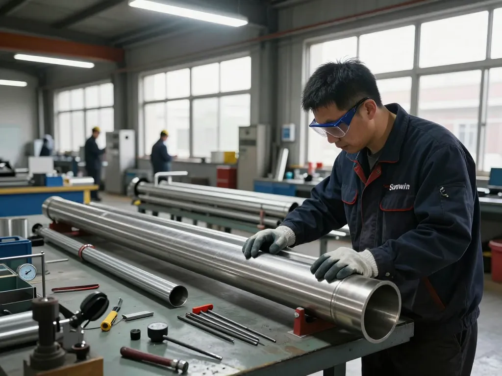 Technician inspecting Sumwin stainless steel pipes in a bright industrial workshop.