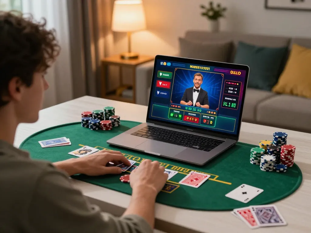Player enjoying live dealer blackjack at home with du88 betting chips and focused screen display