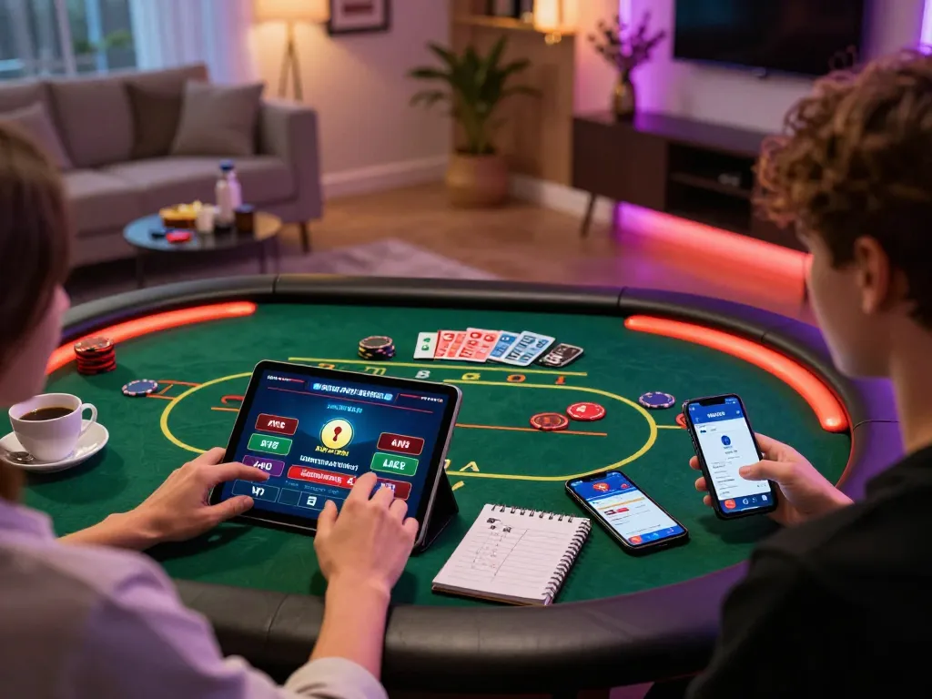 Engaged player using the alo8net app on tablet for live poker gaming at home.