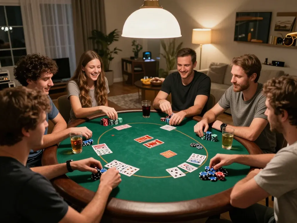 Friends enjoying a lively poker game at home, showcasing the excitement of playing ALO8.