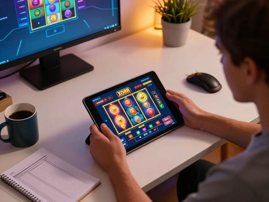 Player immersed in online gaming at XO88, tablet showcasing slot reels with bankroll notes nearby.