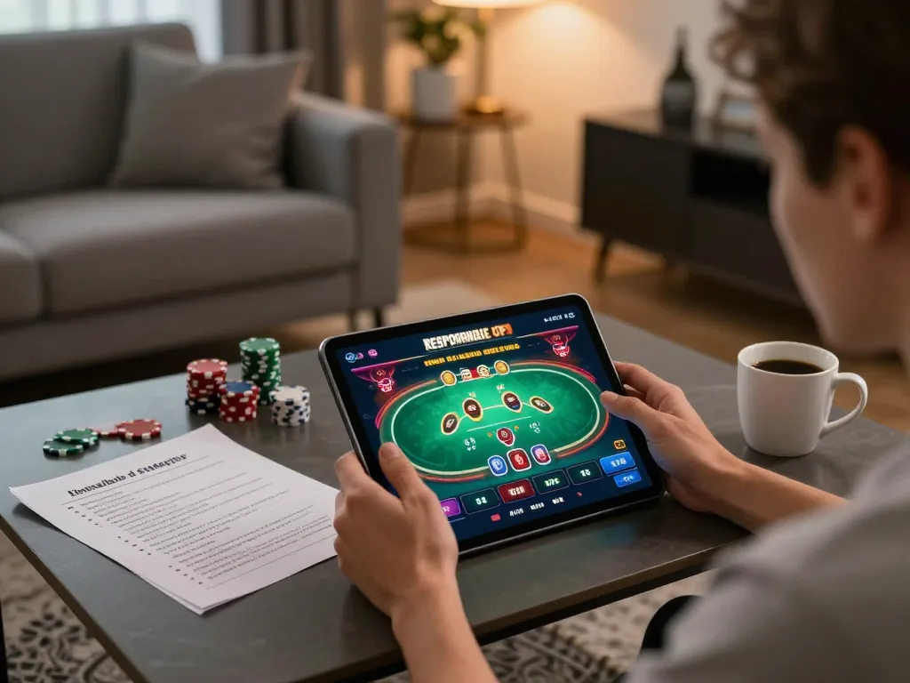 CM88 player engaging in a strategic online poker game from home, showcasing a cozy gaming environment.