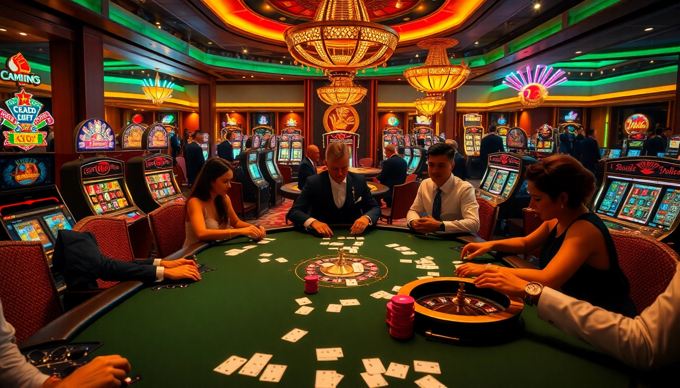 KJC casino scene showcasing players at a poker table amidst vibrant slot machines.