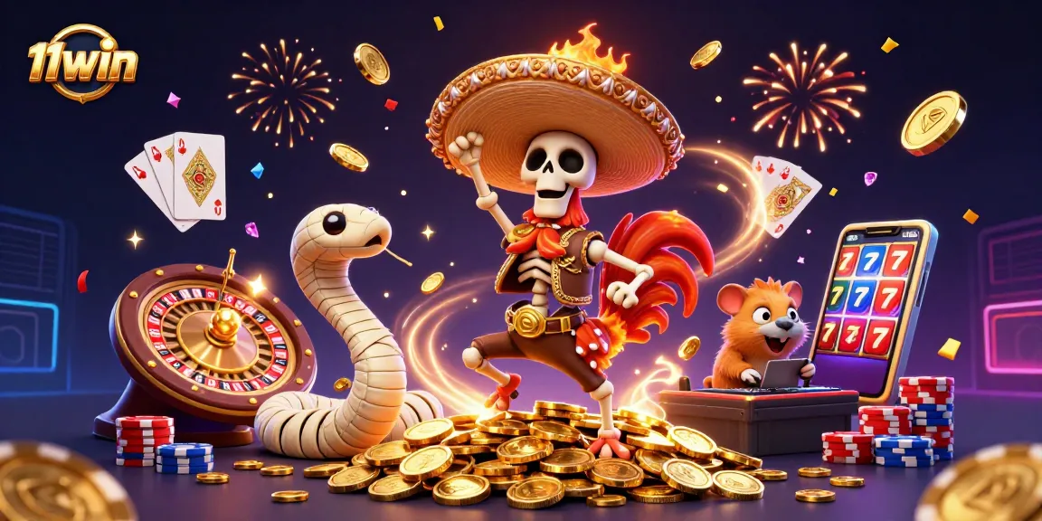 Engage with 11win's thrilling atmosphere featuring vibrant characters and dynamic casino elements.