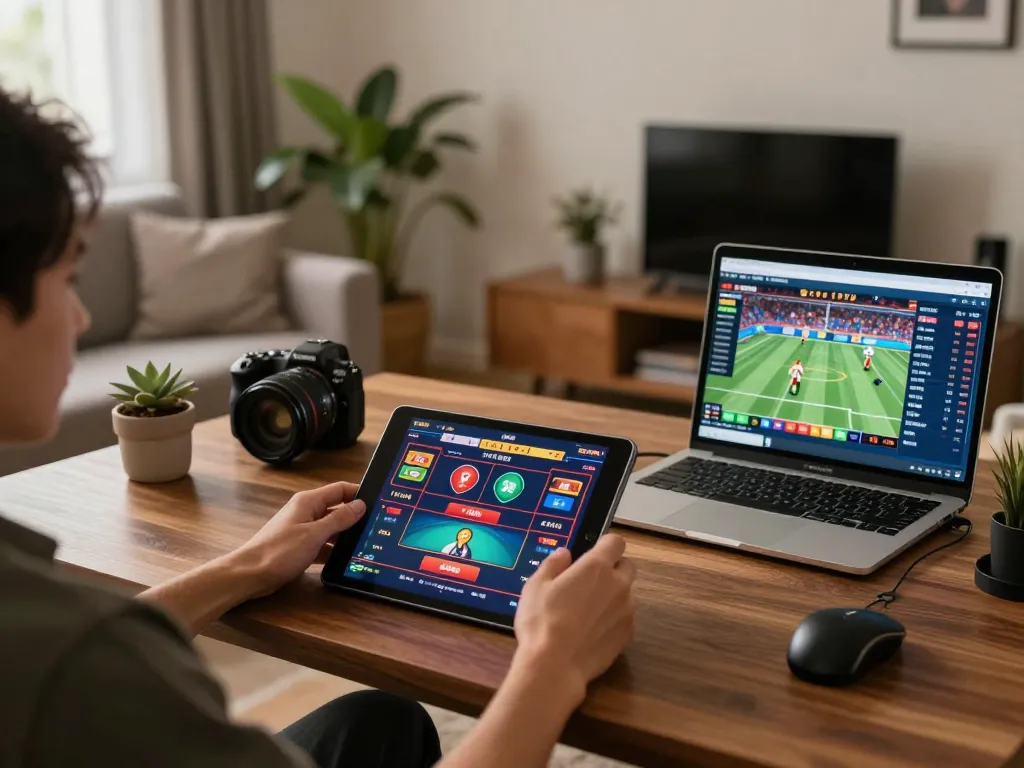 DAGA features a person engaging with a tablet while enjoying an online casino game in a cozy setting.