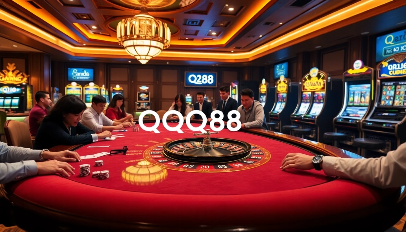 Engaged players at QQ88 enjoy thrilling casino games with vibrant lights and elegant tables.